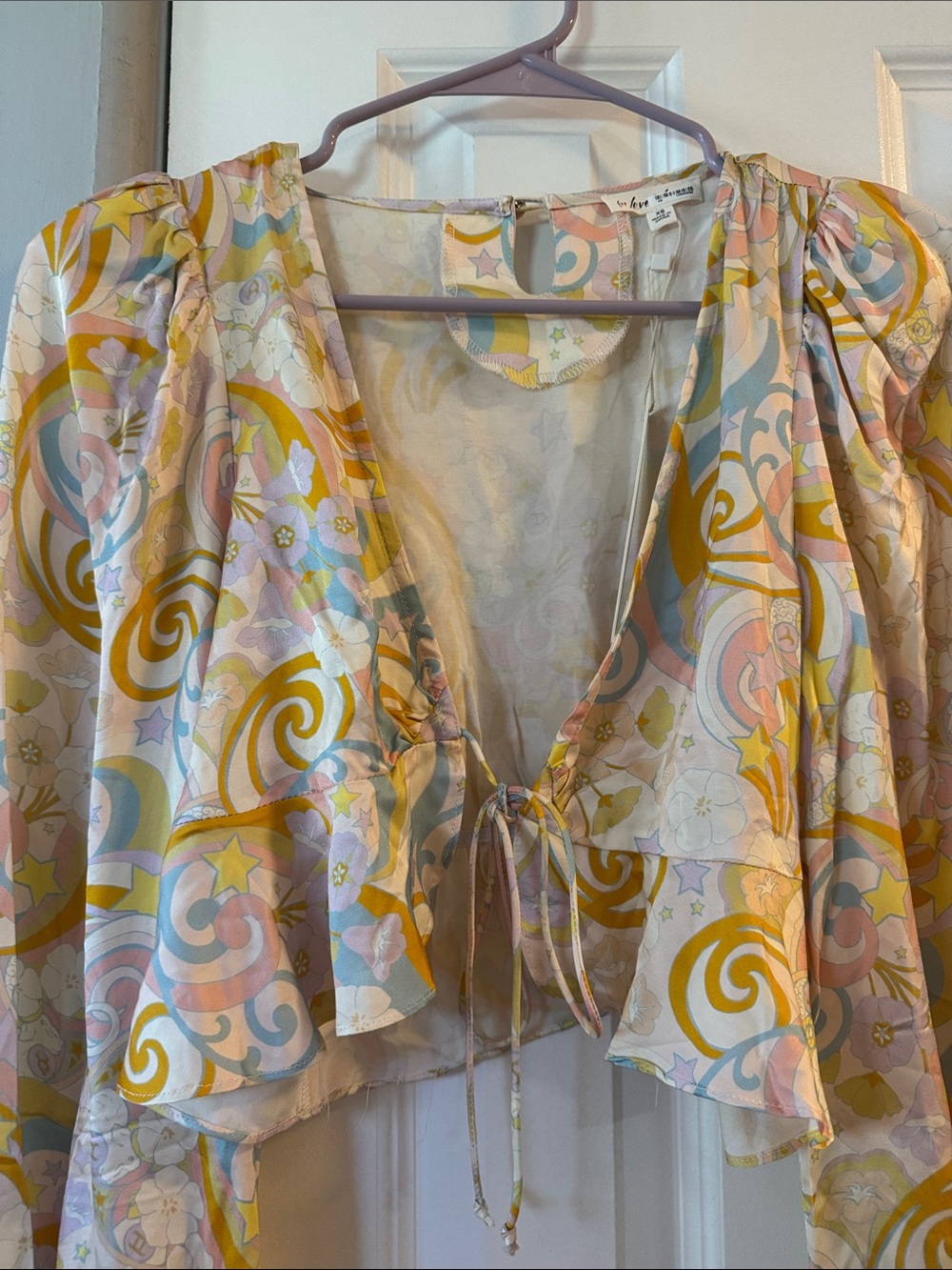 For Love And Lemons Pastel Swirl Tie-Front Cropped Blouse - Yellow, Pink, Blue